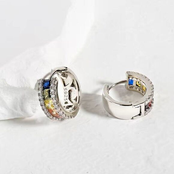925 Sterling Small Huggie Earrings with Multi-Colored Stones and Bling #641 - Picture 5 of 7